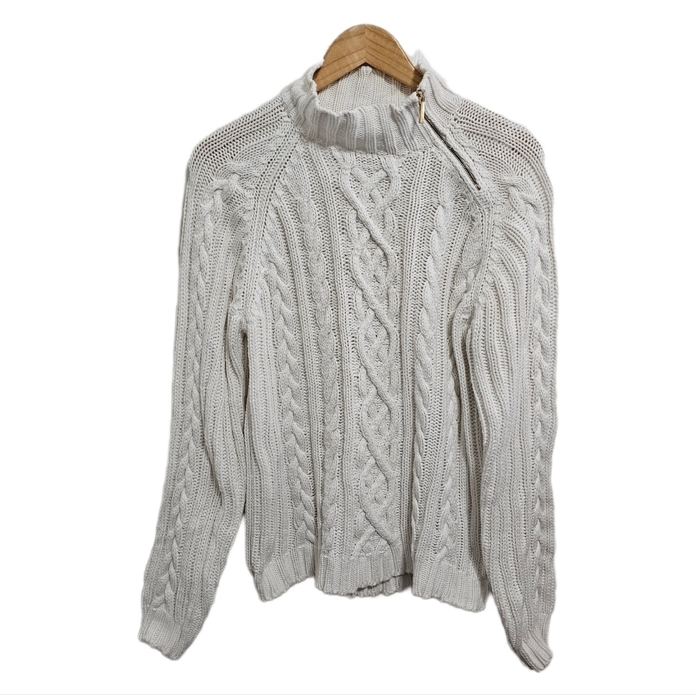 Ralph Lauren Funnel Neck white cable knit shoulder zip long sleeve sweater XL
